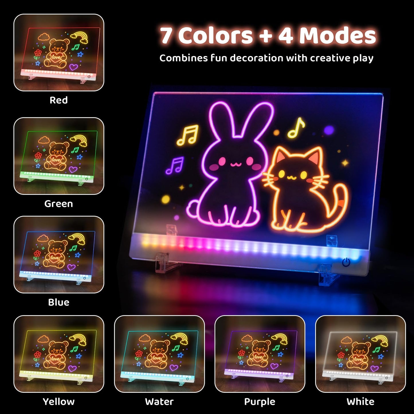 Rechargeable LED Drawing Board for Kids, 13.8 x 10 Dry Erase Board, 4 Modes &7 Colors Glowing Doodle Note Board, Include Hanging Chain, 2 Stands, 8 Markers, Spray Bottle, Cleaning Cloth, Girls Gifts