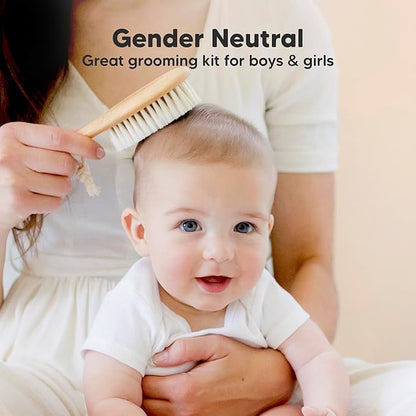 Baby Hair Brush Set for Newborns - Soft Goat Bristle Wooden Baby Brush and Comb Set Newborn Grooming Kit for Cradle Cap, Durable & Gentle, Boy, Girl Infant Essentials Care Kit (Regular, Walnut)