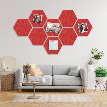 8 Packs Red Hexagon Felt Pin Board, 12" Bulletin Board with 30 Push Pins, Felt Board for Home Kitchen Office Decor, Self-Adhesive Corkboard Tiles for Walls School Message Photos Memos