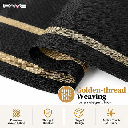 FAVE Woven Vinyl Table Runner Black Table Runner Woven with Golden Threads 72x12 Inches Wipeable Waterproof Dining Table Mats for Wedding, Banquets,Party, Restaurant (Black-72x12)