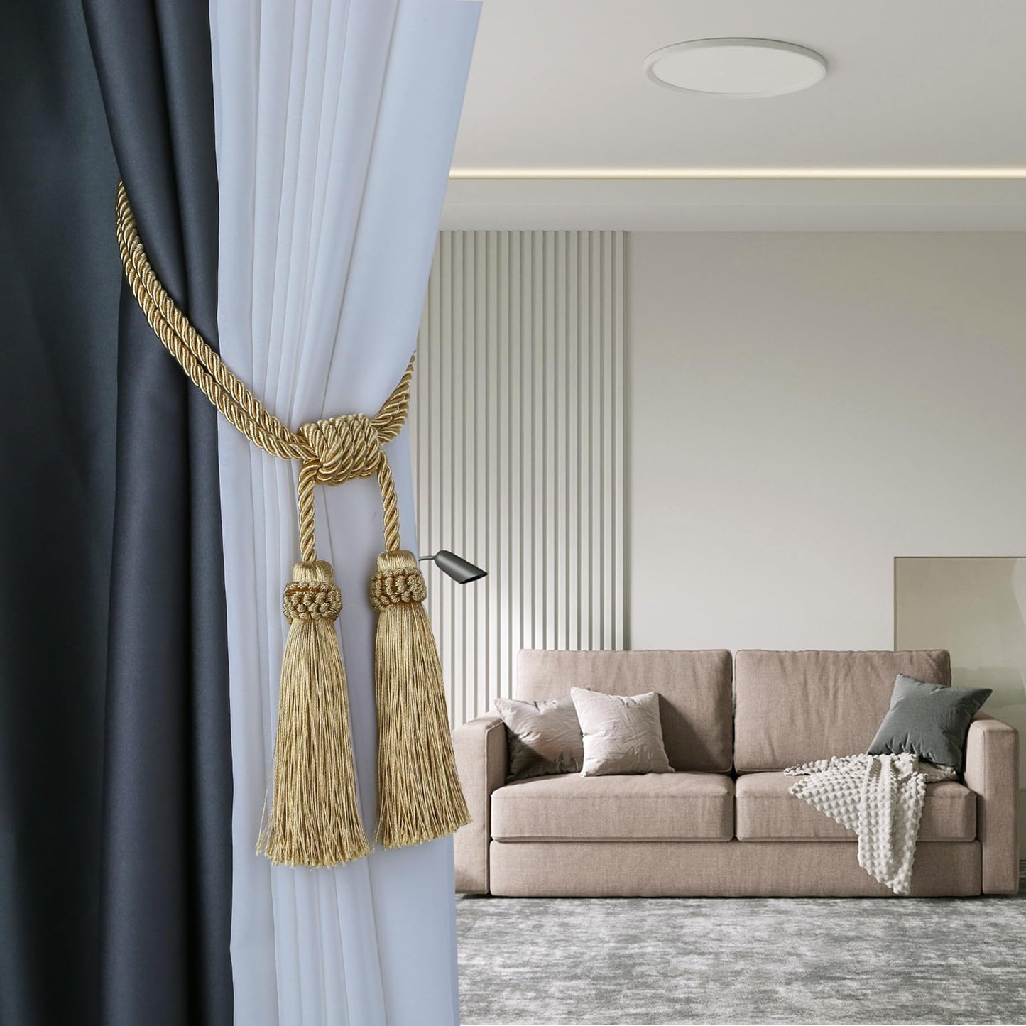 Fenghuangwu Magnetic Curtain Tiebacks 2 Pack Tassel Curtain Tieback Modern Handmade Tie Backs,Decorative Tassel Holdback for Draperies,Window Decor（Gold）