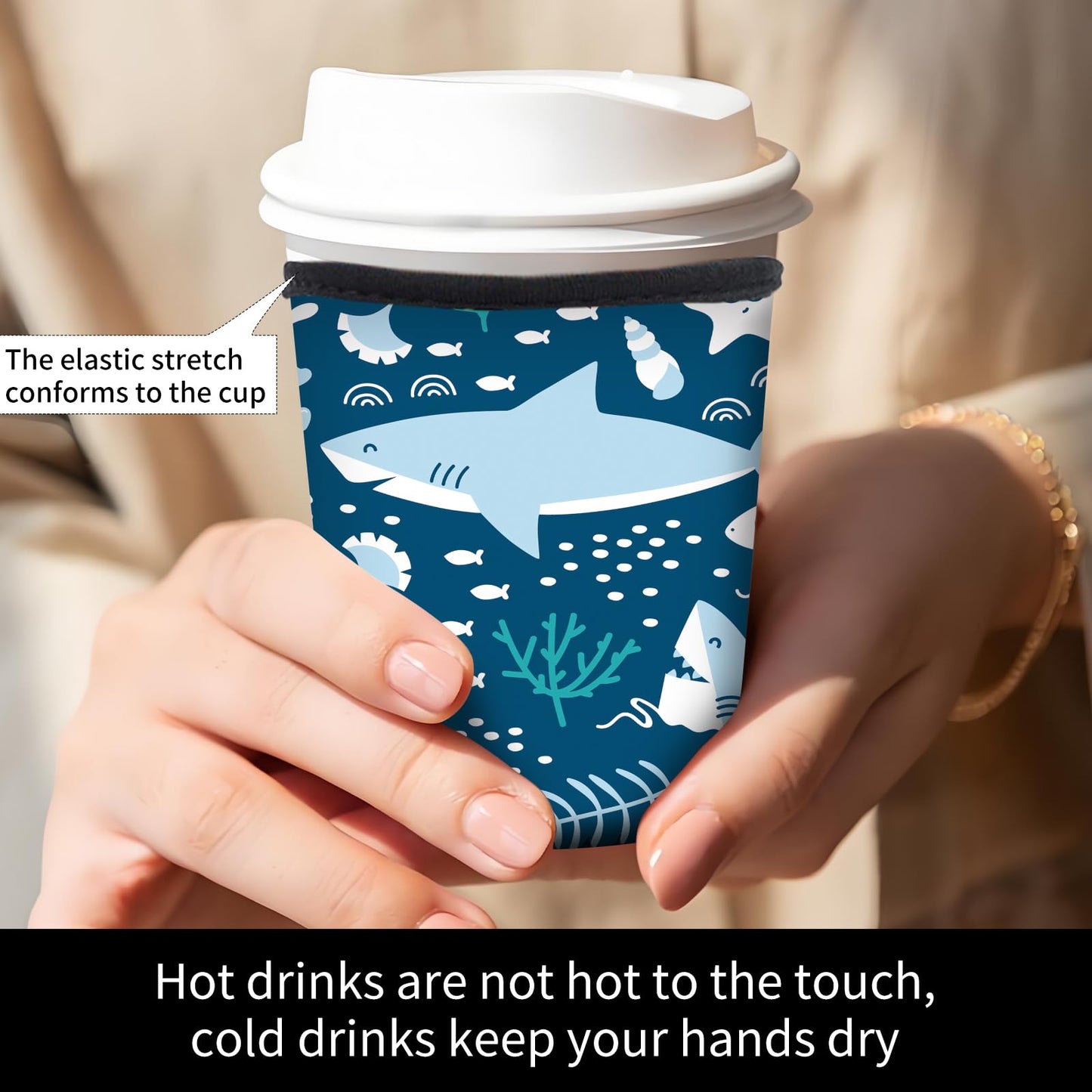 AUHIWDO 3 Pack Reusable Neoprene Insulator Sleeve for Iced Coffee Cups, Durable Drink Sleeve for Cold Hot Beverages Compatible with 16-32OZ Cute Blue Sharks