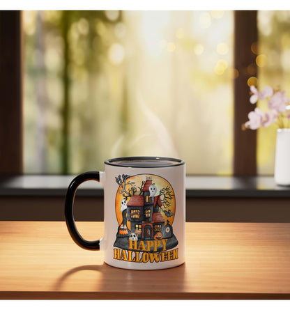 Fall season happy Halloween haunted houses spiders bats Ceramic Mug, Black/White