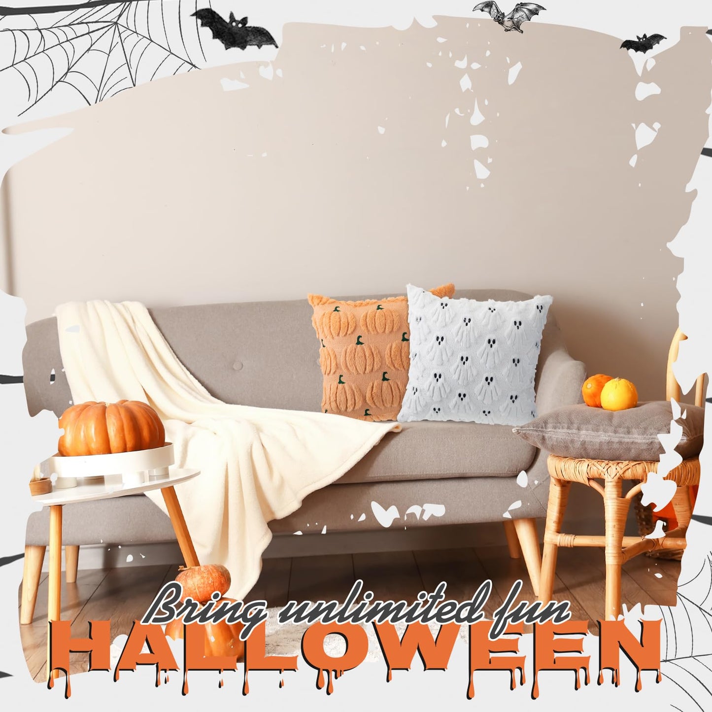 Breling 4 Pack Halloween Throw Covers 18x18 Inch Soft Plush Ghost Bat Fall Pumpkin Faux Fur Wool Couch Cushion Case for Sofa Couch Living Room Halloween Autumn Farmhouse Home Decor