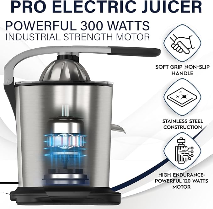 Eurolux Power-Pro Premium Electric Citrus Juicer - With 300 Watts of Power, The Most Powerful Juicer, For An Easy Smooth Juicing Experience | New Updated Design