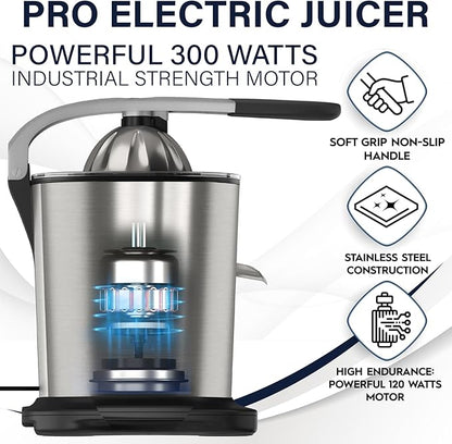 Eurolux Power-Pro Premium Electric Citrus Juicer - With 300 Watts of Power, The Most Powerful Juicer, For An Easy Smooth Juicing Experience | New Updated Design