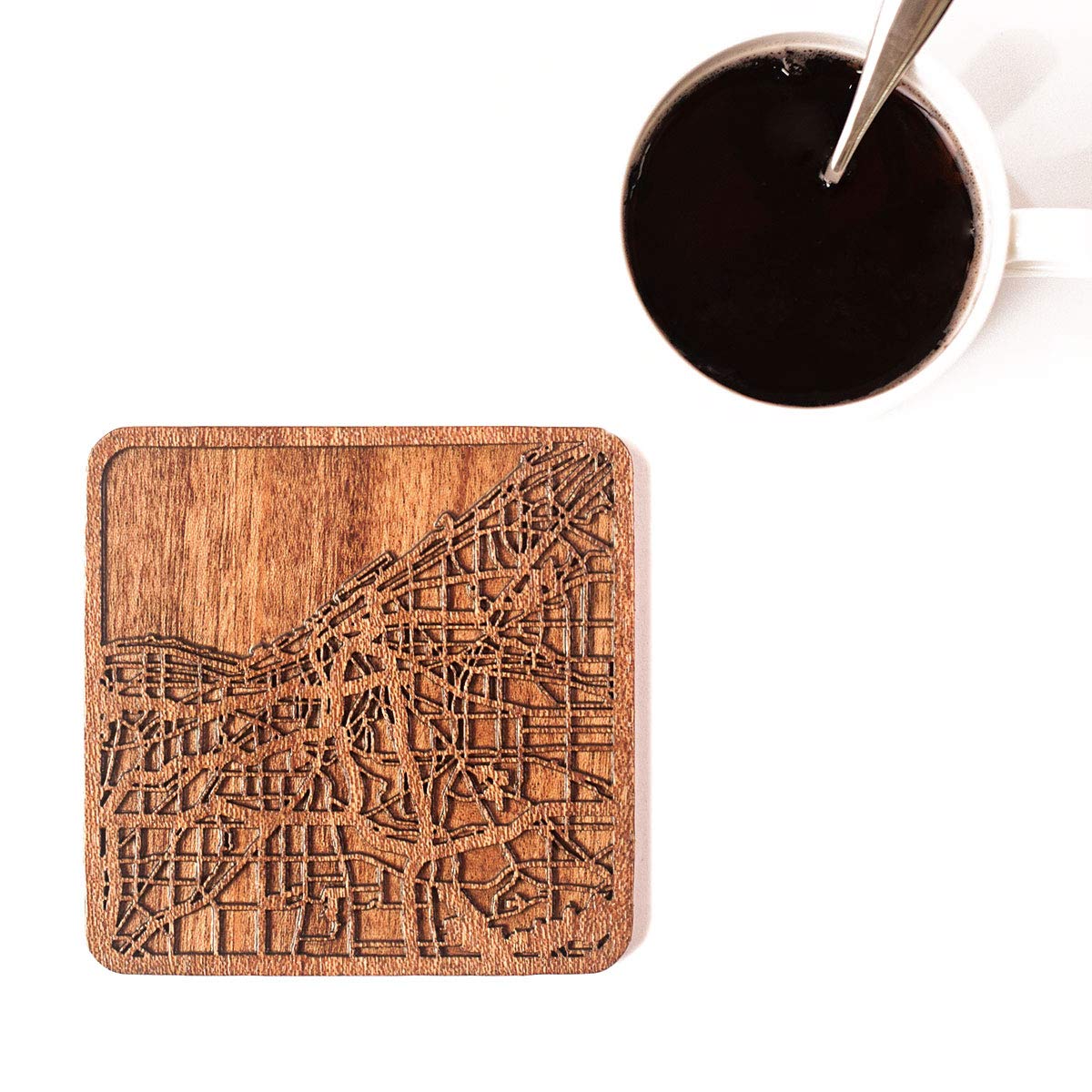 Cleveland Map Coaster, Set of 4, Sapele Wooden Coaster with city map, Multiple city optional, Handmade