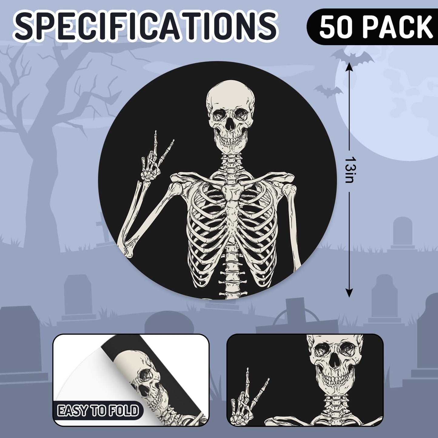 JarThenaAMCS 50Pcs Halloween Paper Placemats Smiling Skeleton Dinner Mats Black Disposable Round Table Mats for Trick or Treat Party Table Setting