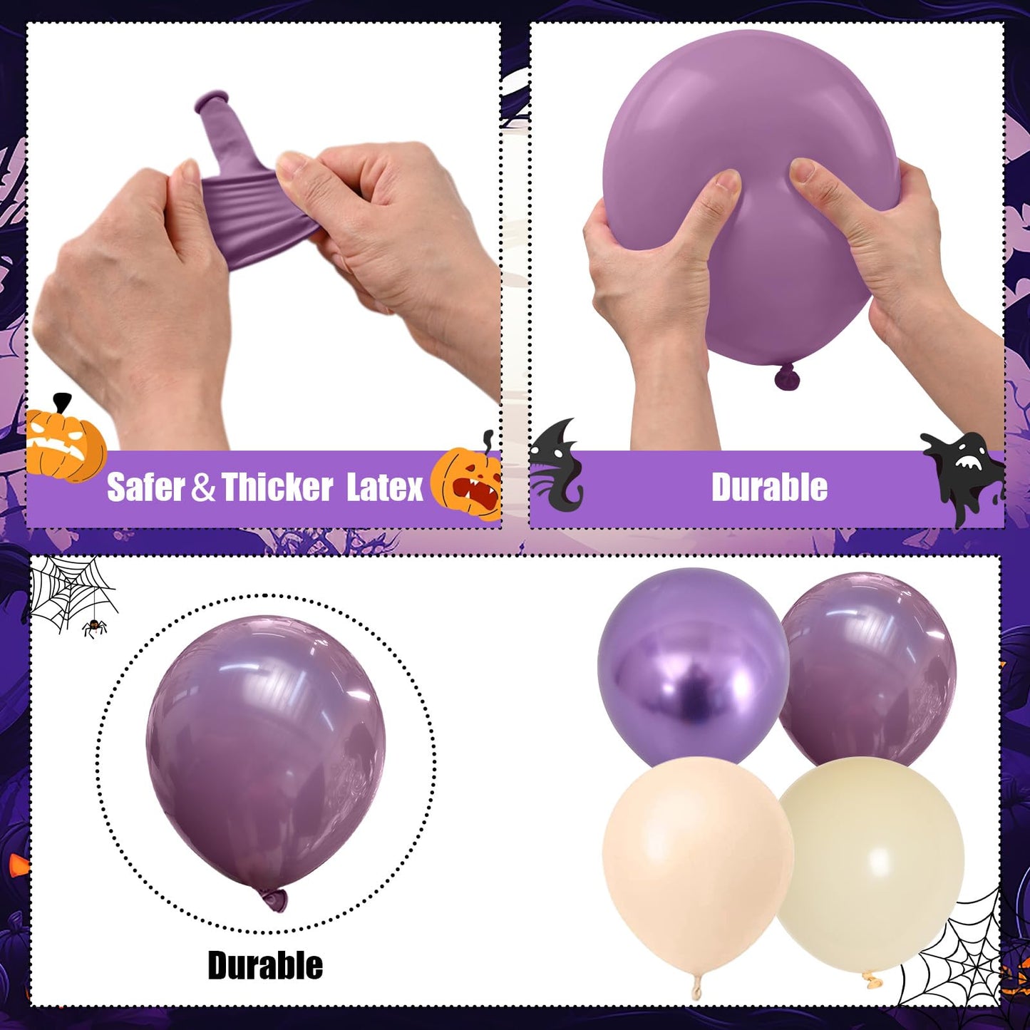 Halloween Balloons Garland Kit, 111 PC Purple Nude Cream Balloons with Cute Ghosts & 3D Bats, Beige & Metallic Purple for Girls' Party Decorations