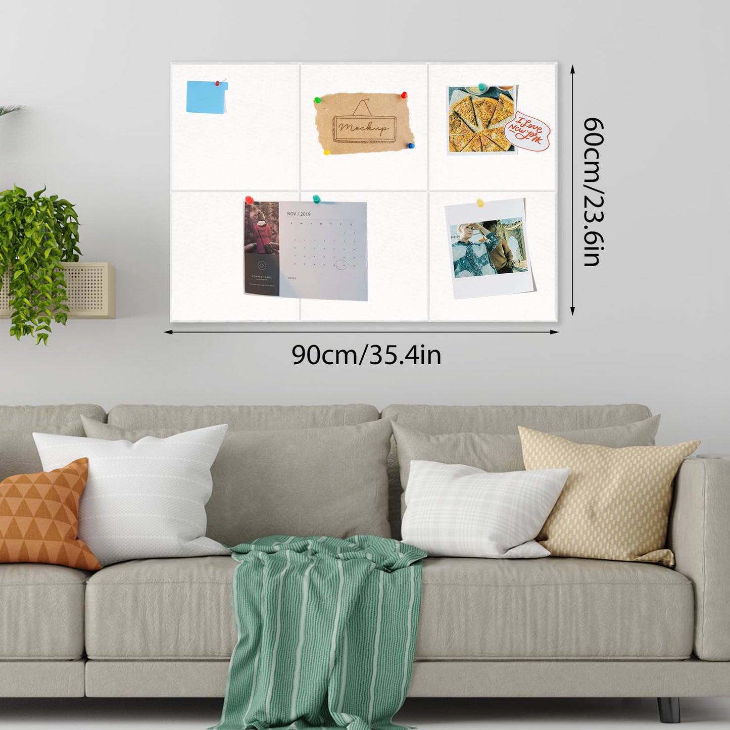 Thboxes Large Cork Board 36" x 24", 6 Pack Felt Bulletin Board with 30 Pushpins, Cork Boards Alternative with Self-Adhesive Strips, Felt Wall Tiles Pin Board for Wall Office Home School Decor-White