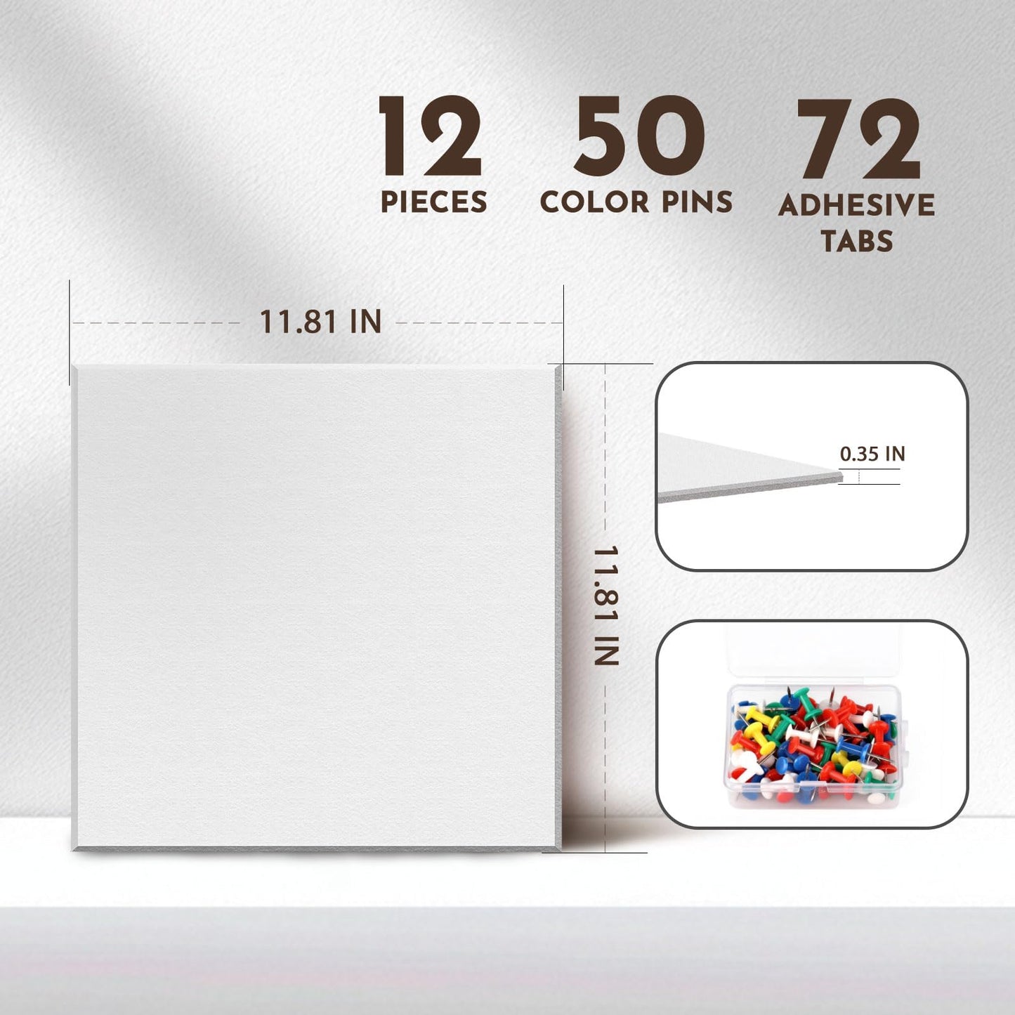 MISSDAY White Acoustic Wall Panel Felt Bulletin Board 48" x 36" Cork Board for Wall, 12-Pack Boards with 72 Removable Adhesive Tabs, 50 Pins, Pin Board for Home Office Classroom Soundproof Wall Tile