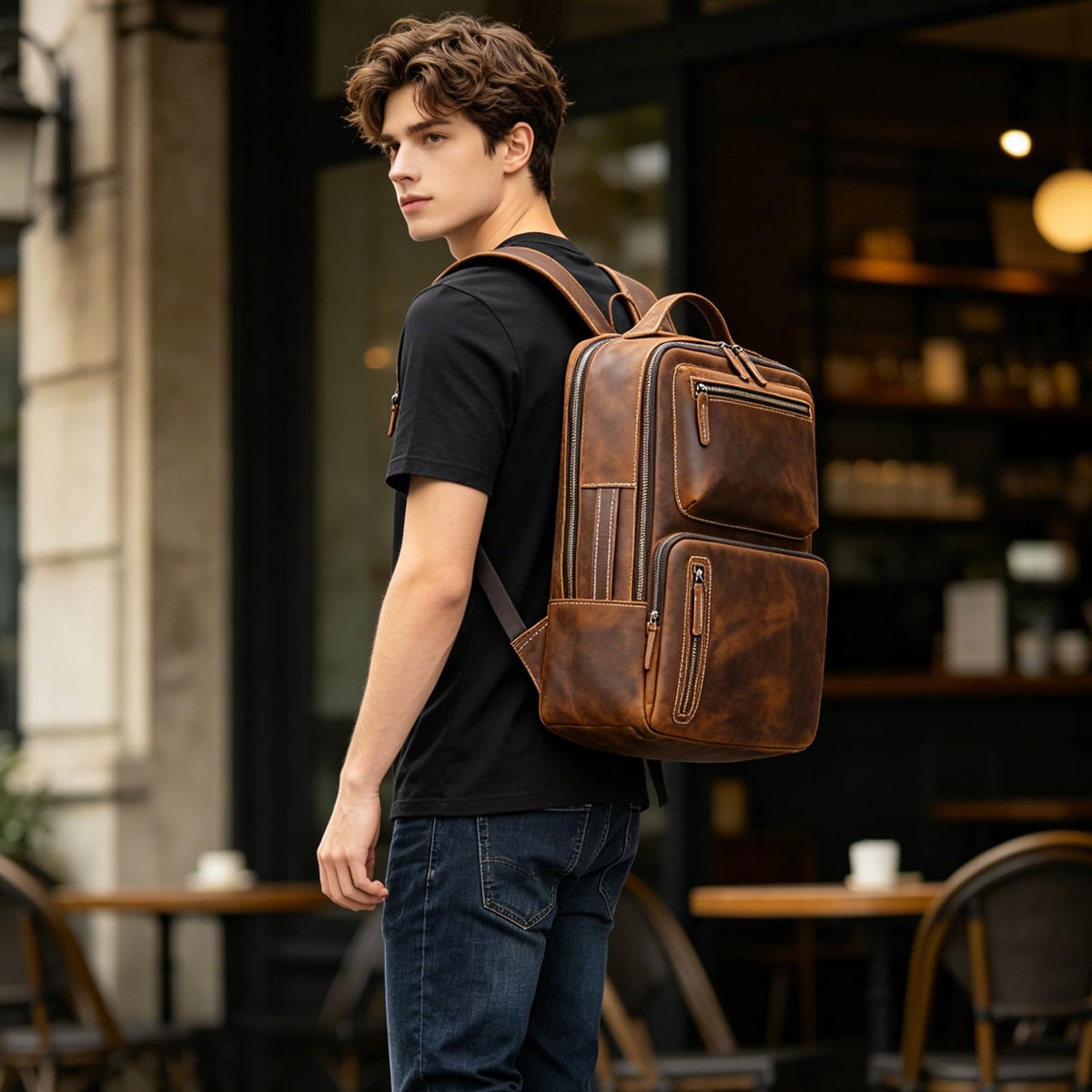 JulBean Full Grain Leather 15.6 Laptop Backpack for Men Work Commute Casual Daypack