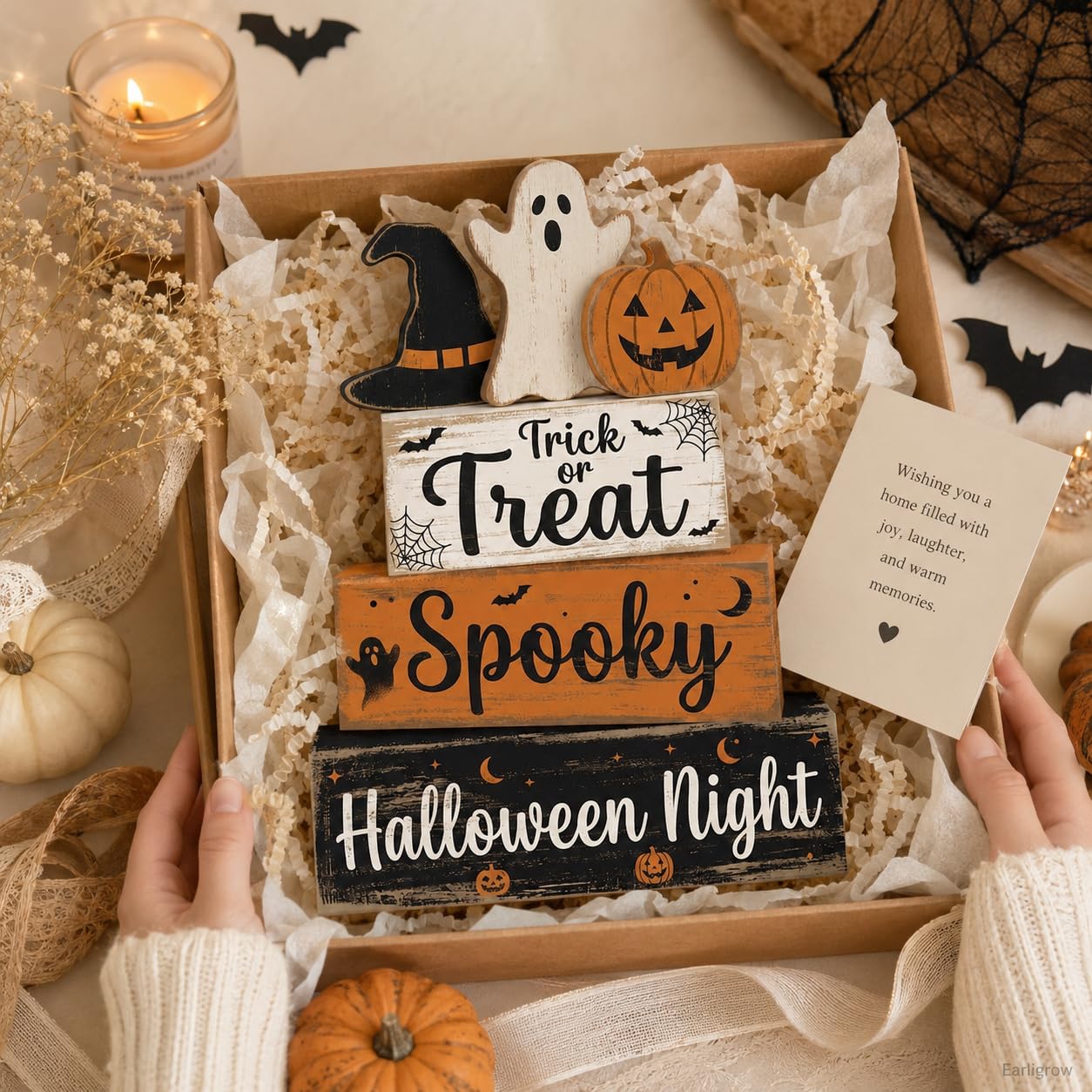 4 Pcs Halloween Decor, Trick or Treat Tiered Tray Decorations, Wooden Block Signs with Ghost Jack-O-Lantern Witch Hat, Farmhouse Rustic Table Centerpiece for Home Kitchen Mantel