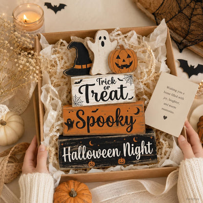 4 Pcs Halloween Decor, Trick or Treat Tiered Tray Decorations, Wooden Block Signs with Ghost Jack-O-Lantern Witch Hat, Farmhouse Rustic Table Centerpiece for Home Kitchen Mantel