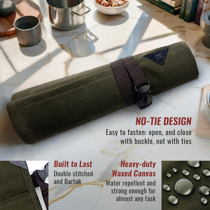 Under NY Sky Knife Roll Case - 3 Slots - Heavy Duty Waxed Canvas Pouch - Leather Reinforced - Portable Bag for Cooking Tools, Utensils, Cutlery Knives, Brushes - Chefs, Kitchen, Travel, Gift - GreenCV