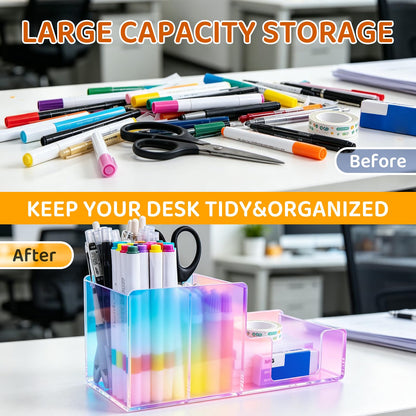 Iridescent Acrylic Desk Organizer with 3 Compartments - Clear Pencil Holder for Office, School & Home - Large Capacity Stationery Storage for Pens, Scissors, Sticky Notes, Paper Clips - Non-Slip Base