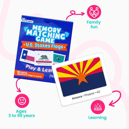 Menique U.S. States Flags Memory Matching Game – 100 Cards (50 Pairs) – Learn State Flags, Capitals & Abbreviations – Educational Card Game for Kids and Adults