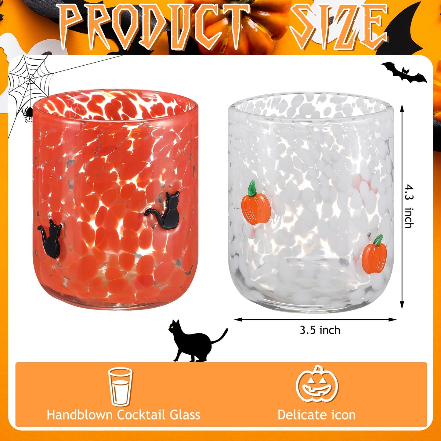 Skylety 2 Pcs Halloween Icon Juice Glasses - Orange Pumpkin & Black Cat Icon Stemless Coffee Cocktail Glassware Cup for Halloween Fall Thanksgiving Party Gift