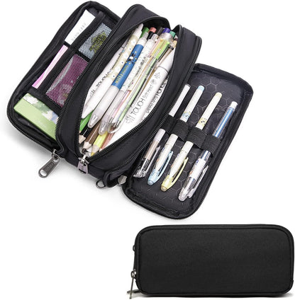 Della Gao Large Capacity Pencil Case, Aesthetic Pencil Pouch with 3 Compartments Nylon Storage Pen Bag Office Stationery Organizer for Women and Men(01-3BK)