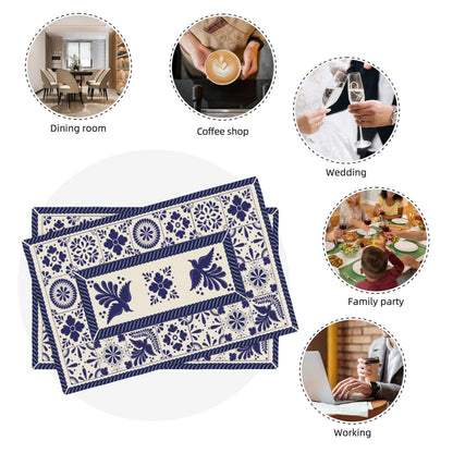 Talavera Tiles Fiesta Mexican Placemats Set of 4 Blue Beige Floral Bird Phoenix Table Mats Washable Boho Bohemian Heat Resistance Place Mat for Home Party Kitchen Dining Table Decoration 12x18 Inch
