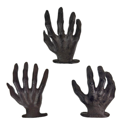 Zeckos Set of 3 Cast Iron Creepy Hand Decorative Wall Hooks, Antique Black Distressed Gothic Decor for Light Items, 2.25 x 3.25 x 4 Inch, Indoor Entryway, Bedroom, Jewelry and Keys