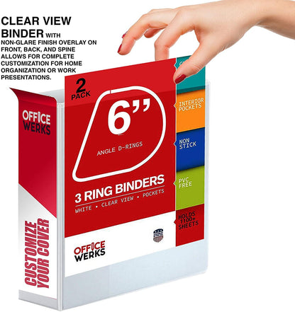 3 Ring Binders, 6 Inch D Ring Heavy Duty Large Binder with Pockets for 8.5" x 11" Sheet Size, Durable Non-Stick Customizable Clear View Cover (White)