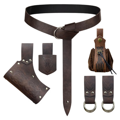 EpicCos 6 PCs Renaissance Belt Costume Medieval Accessories Belt Pouch Skirt Hiking Sword Frog Viking Horn Holster (Brown A)
