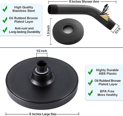 High Pressure Rainfall Shower Head, 6 Inches Showerhead with Perfect Adjustable Replacement, Removable Restrictor, Easy Installation for Bathroom Shower Head (Oil Rubbed Bronze+Shower Arm)
