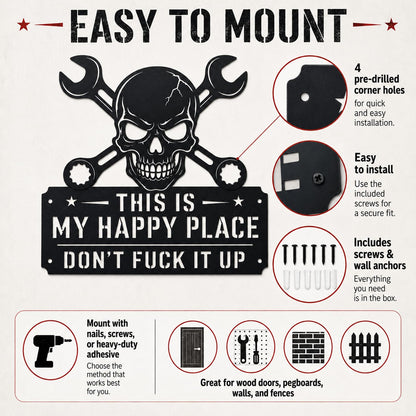 YXESO This Is My Happy Place Sign, 12 in Funny Black Metal Garage Metal Wall Art Sign with Skull & Wrench Design for Man Cave, Workshop, Tool Shed, Home Bar, Mechanic Dad Decor