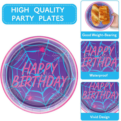 OULUN Spiderweb Party Plates and Napkins Spider Birthday Decorations Ghost Disposable Porks Purple Spiderweb Party Tableware Set Serves 20