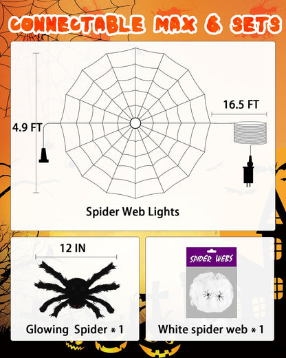 Halloween Decorations Spider Web Lights String Lights for Home, 4.9FT 96LED Waterproof Plugin Net Lights with 8 Modes & Timer, Light Up for Party Indoor Outdoor Garden Yard Haunted House(Orange)