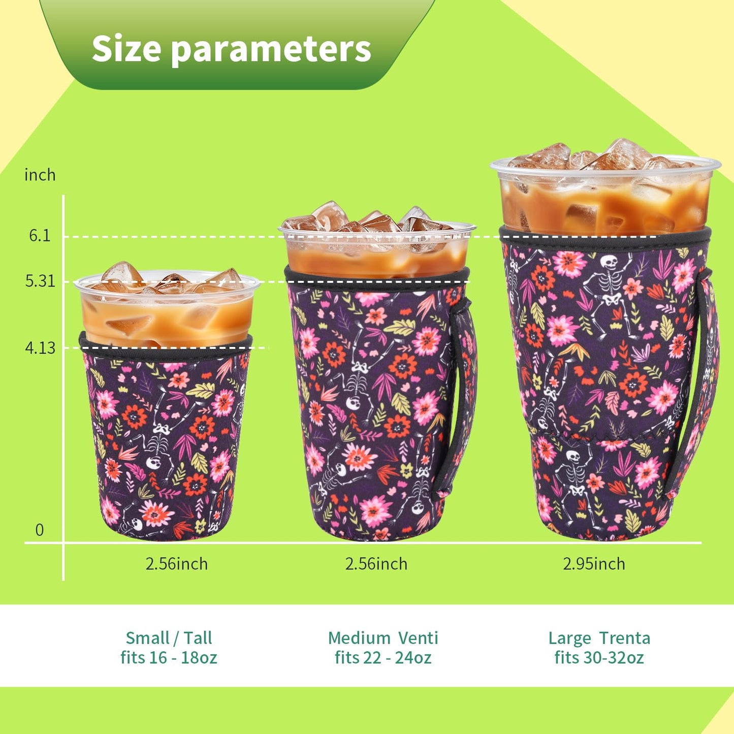 3 Pack Iced Coffee sleeve Insulated Neoprene Cup Sleeves with handle For Cold Drinks Beverages, Reusable Cup Holder for 16oz-32oz Coffee Cups (Skeletons Floral)