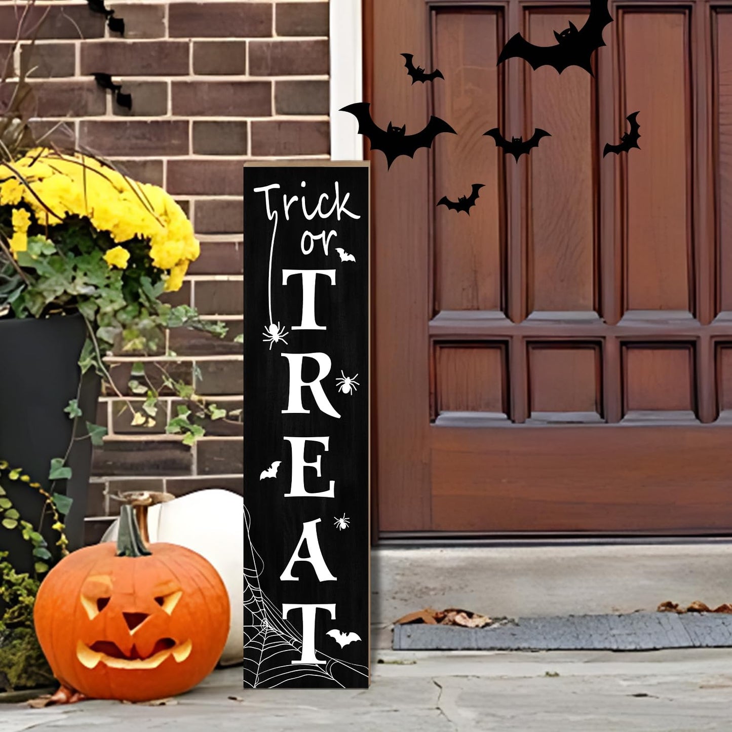 Halloween Porch Sign, Trick or Treat Wooden Welcome Sign with Bats, Spiders and Spider Web Design, Vertical Front Door Sign for Entryway, Farmhouse Halloween Porch Decor, 31.5 Inch