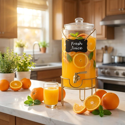 Drink Dispensers for Parties 1 Gallon, Bevarage Dispenser with Stand,Glass Drink Dispenser With Stainless Steel Spigot + Marker & Chalkboard, Ideal for Lemonade,Juice, Tea, and Party Drinks