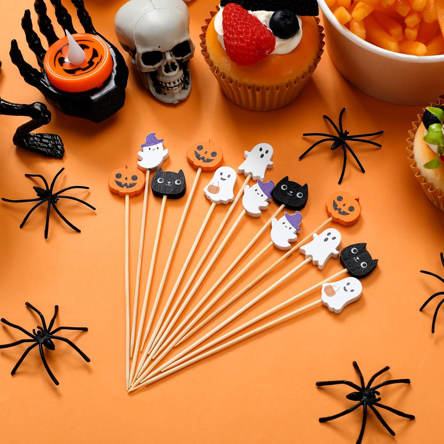 Chengu 200 Pcs Halloween Cocktail Picks for Appetizers, 4.7 Inch Bamboo Toothpicks Pumpkin Cat Ghost Halloween Party Decorations for Food, Cocktail, Desserts, Fruit, Cake, Salad