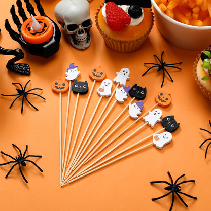 Chengu 200 Pcs Halloween Cocktail Picks for Appetizers, 4.7 Inch Bamboo Toothpicks Pumpkin Cat Ghost Halloween Party Decorations for Food, Cocktail, Desserts, Fruit, Cake, Salad