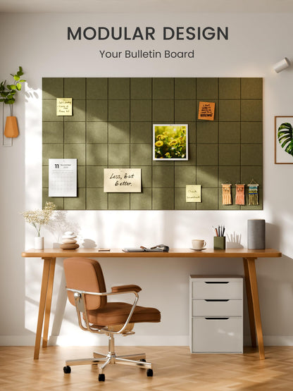 Bumusty Large Felt Bulletin Board, 48" x 36" Cork Board Alternative, 12-Pack Wall Tiles with 4-Compartment Design, 30 Push Pins, 70 Adhesive Tabs, Ideal for Office & Home Decor, Olive Green