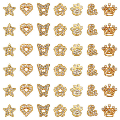 SUNNYCLUE 1 Box 42Pcs Gold Slide Charms Bulk Alloy Slider Charm Rhinestone Star Heart Butterfly Flower Paw Symbol Crown Slide Charm Spacer Beads for Bracelets Necklace Wristbands Jewelry Making Crafts