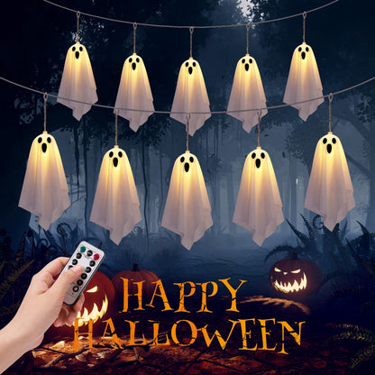 Halloween Ghost Decor, 10 Pcs Spooky Ghosts String Lights Battery Operated, 8 Lighting Mode, Light up Ghost Garland, for Mantle, Fireplace, Window, Porch, Party Indoor Outdoor Decor