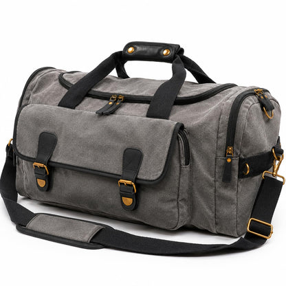 Oversized Canvas Weekender Duffel Bag for Men, Gift for Dad, Genuine Leather Trim & Brass Hardware, 23" Carry-On Travel Bag, Large Overnight Weekend Bag, Gray