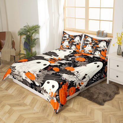 Cute Ghost Duvet Cover Queen,Happy Halloween Theme Bedding Set,Pumpkin Lantern Botanical Flower Comforter Cover,Kids Girls Boys Teens Room Decor,Autumn Retro Black White Quilt Cover,2 Pillowcases