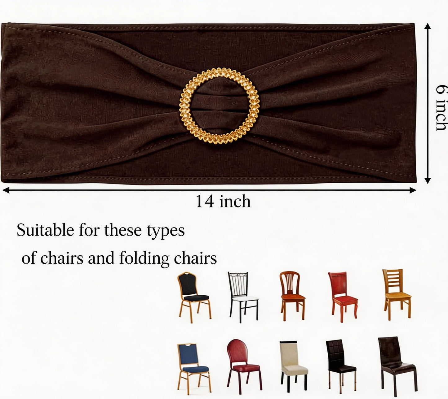Pack of 50 Spandex Brown Chair Sashes with Gold Buckles, Stretch Chairs Sashes for Wedding Party Birthday Halloween Ceremony Event Decorations Chair Bands Bows (Brown Sashes, Gold Buckles)