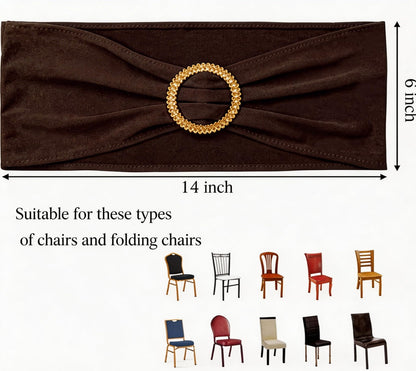 Pack of 50 Spandex Brown Chair Sashes with Gold Buckles, Stretch Chairs Sashes for Wedding Party Birthday Halloween Ceremony Event Decorations Chair Bands Bows (Brown Sashes, Gold Buckles)
