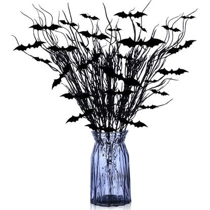 Zeyune 20 Pcs Halloween Black Artificial Branches Floral Picks Vase Filler 17.72 Inch Artificial Curly Willow and 3D Bats Wall Decals Sticker Decor Tree Glittery Flowers for Gothic Home