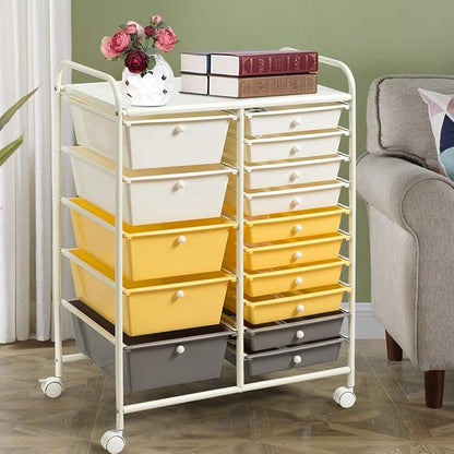 Giantex 15-Drawer Organizer Cart Office School Storage Cart Rolling Drawer Cart for Tools, Scrapbook, Paper (Yellow)