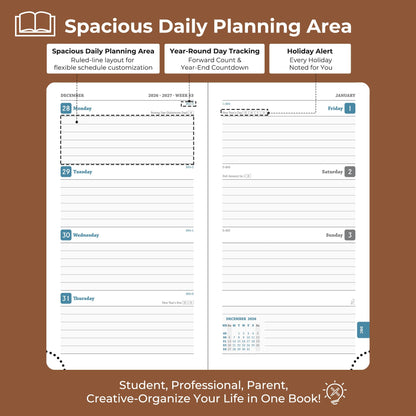 IN-LUXPRO Planner 2026-2027 Daily Weekly and Monthly,6.5"x3.75",18 Months Spiral Bound Calendar Agenda with Self-adhesive Pen Holder,2026 Academic Plan with Vegan Leather Soft Cover,Brown