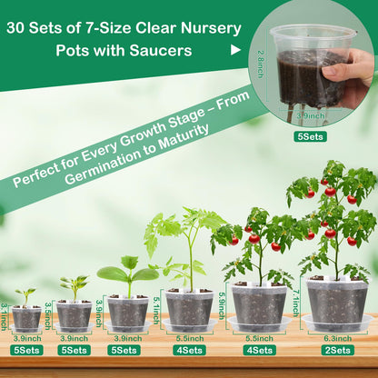 30Pcs Clear Plastic Nursery Pots with Drainage Holes and Saucers, 2.8/3.1/3.5/3.9/5.1/5.9/7.1Inch Seedling Starter Pots with Tool for Indoor Outdoor Gardening Flower, Herb, Succulent Transplanting