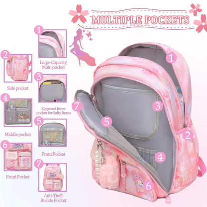 Lovely Girls Backpack School Bag for Students Kids Book Bag with Multiple Pockets Splash-proof Children's Backpack（17inch Pink）