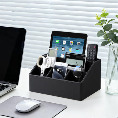 Cretkhp Desk Organizer Caddy with 5 Compartments for Office Art Supplies, PU Leather Nightstand Organizer Pencil Pen Desk Caddy for Home, Desktop TV Remote Control Holder Storage (Black)