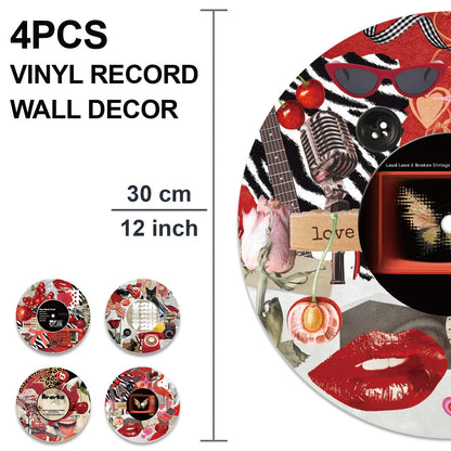 DOODLREAM 4PCS Y2K Aesthetic Vinyl Record Wall Decor 12" Hippy Red Retro Wall Art Posters for Room Aesthetic, Collage Art Retro Record Decor for Music Party Studio Living Room DIY Craft Project